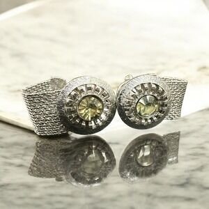 Vintage Executive Cufflinks Crystal Wrap Silver Tone Mesh‎
